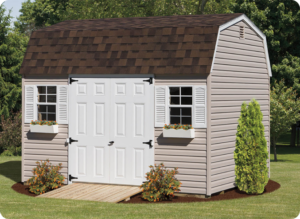 Beige shed with dark brown roof